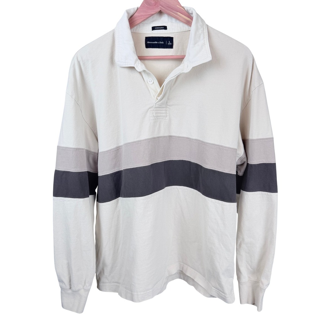 Abercrombie & Fitch Oversized Rugby Shirt Men's L Cream Gray Colorblock Preppy